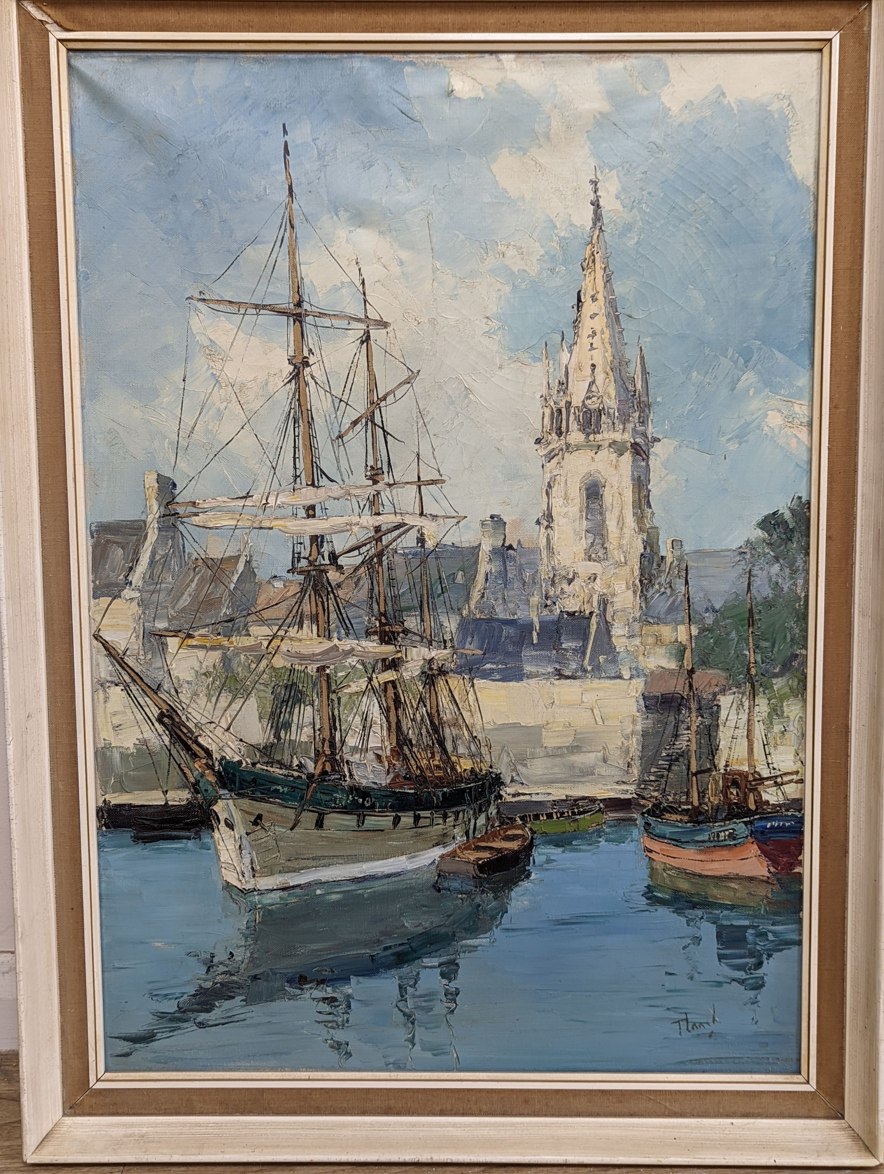 Bernard Laarhoven (b.1912), oil on canvas, Harbour on the channel coast, signed and inscribed verso, 70 x 50cm